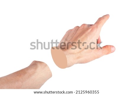 Severed hand pointing at something, montage. Cut off limb, body part abstract design, object isolated on white, cut out. Dissociation, disconnection and detachment, separation abstract concept Royalty-Free Stock Photo #2125960355