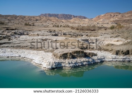 Salt sediments reflected in water on the shore of the dead sea, Israel.