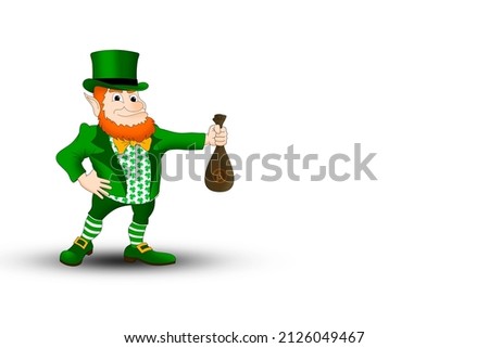 St.Patrick 's Day. Leprechaun in a green suit with a bag of money on a white background close up.