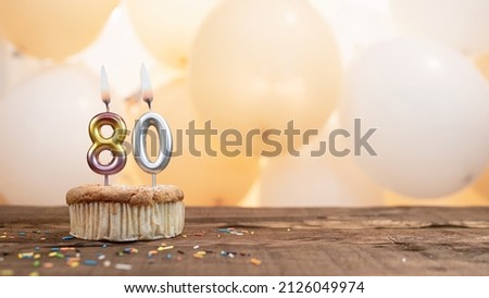 Happy birthday card with candle number 80 in a cupcake against the background of balloons. Copy space happy birthday for eighty years old