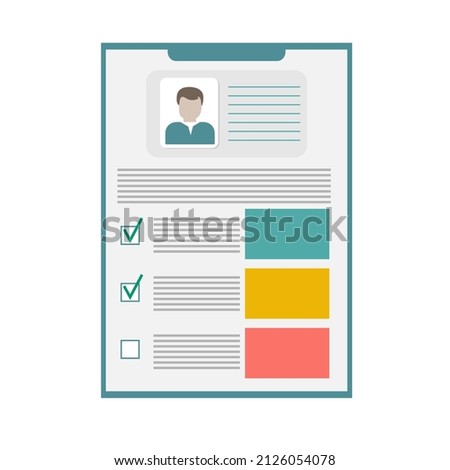 Documents with personal data vector illustration, flat cartoon paper document with user profile data and man photo, concept of interview job