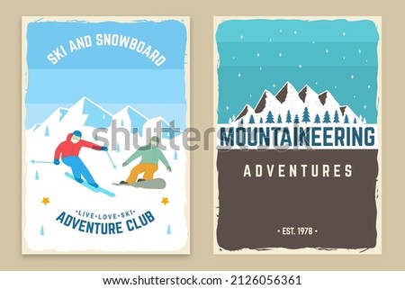 Mountaineering ski retro posters. Vector. Concept for alpine club shirt, print, stamp. Vintage typography design with mountain silhouette and skier. Family vacation, activity or travel.