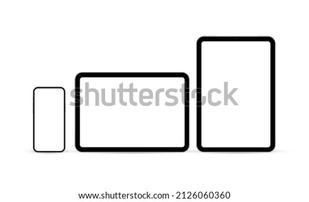 Smartphone with Tablet Computers Horizontal and Vertical Mockup, Blank Screens, Isolated on White Background. Vector Illustration