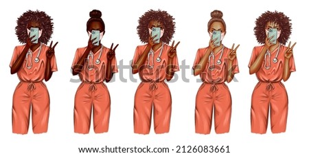 African American nurse illustration set. Doctor clip art set on white background. Portraits of black female medic workers in uniform with stethoscopes and masks. From health care workers with love.  