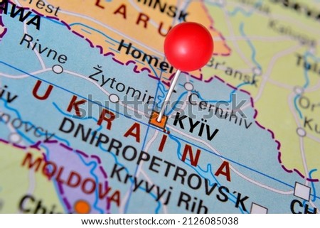 City Kiev (Kyiv) located on map with red pin in Ukraine Royalty-Free Stock Photo #2126085038