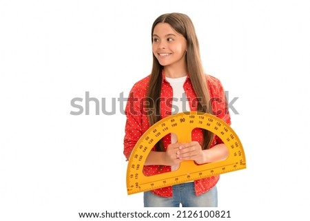 happy teen girl hold protractor measuring angle degree at school isolated on white, education