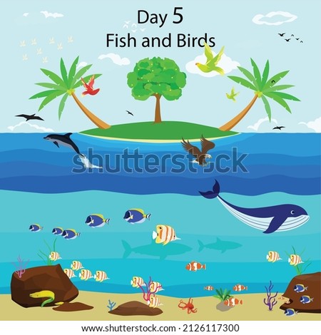 God created all kinds of fish and all kinds of birds on the fifth day. God sees all it is good. Royalty-Free Stock Photo #2126117300