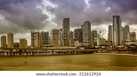 Miami city skyline panorama with urban skyscrapers.