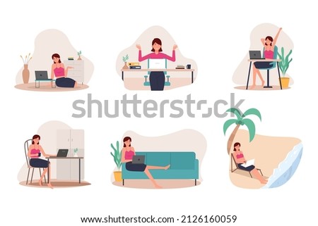Female Working with Laptop with Various Pose Vector Illustration, Work From Home Ideas, Woman Working From Home,Set of People Working from Home on Laptop