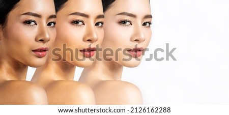 Closeup portrait of beauty asian woman with fair perfect healthy glow facial skin treatment, beautiful suntan burn, problem skin tone isolated on white, young beauty asia girl face spa skincare banner Royalty-Free Stock Photo #2126162288