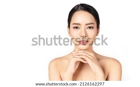 Closeup portrait beauty asian woman with fair perfect healthy glow skin hand touching cheek isolated on white, young beautiful asia girl pretty smile on touch face. Beauty korean spa skincare banner Royalty-Free Stock Photo #2126162297