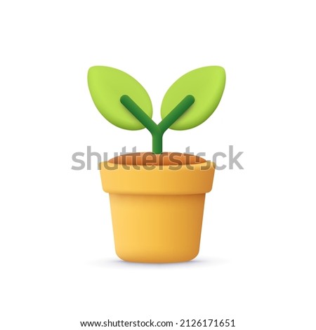 Flower, plant with leaves in pot. Gardening concept. 3d vector icon. Cartoon minimal style. Royalty-Free Stock Photo #2126171651