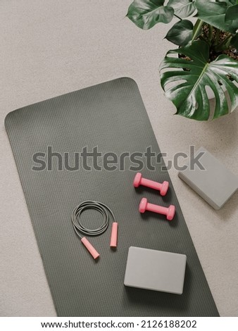 Stylish gray and pink home fitness flat lay. Top view of gray sport mat, yoga block, skipping rope and pink dumbbells on neutral carpet background, monstera plant. Set for pilates, fitness, yoga Royalty-Free Stock Photo #2126188202