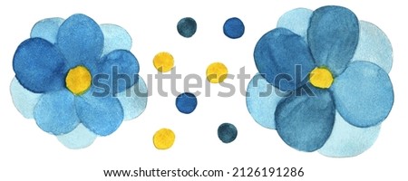 Set of Watercolor Blue Flower Isolated on White Background.