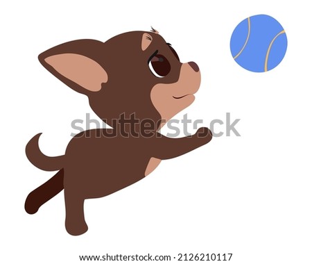 A small puppy is playing with a ball. Training and education of a small pet. Flat vector illustration. Eps10