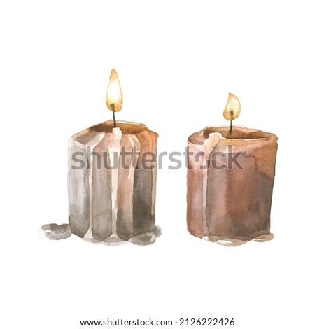 Watercolor hand painted melting candles set of objects. Candlelight clipart elements isolated on white background. Romantic decoration illustration for wedding ceremony, holidays, birthday celebration