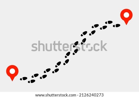 Footprints trail track with location pin. Footprint trail from start point to finish pin. Vector illustration.