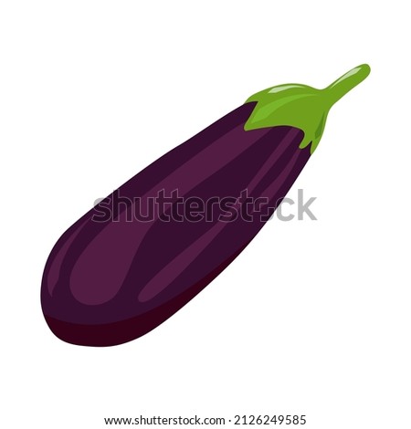 Eggplant. Vegetable, ripe fruit, cartoon flat style. Symbol, eggplant icon. Vector illustration isolated on white background. Food element design. Dark purple aubergine with green leaves.