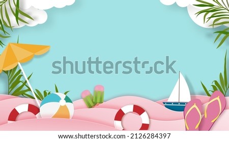 Summer scene background with beach vacation holiday theme with pink wave layer and copy space,Vector Top view paper cut of tropical summer design, palm leaves and cloud on blue sky background Royalty-Free Stock Photo #2126284397