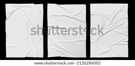 Blank white crumpled paper poster texture background. White paper wrinkled poster template, white paper sticker poster mockup on wall concept