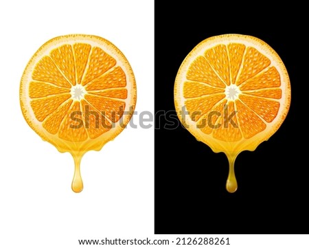 Orange slice with drops of fresh juice isolated on white and black. Orange juice flows from round cut of orange fruit Royalty-Free Stock Photo #2126288261
