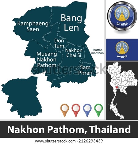 Map of Nakhon Pathom province with districts and location on Thai map. Vector image Royalty-Free Stock Photo #2126293439