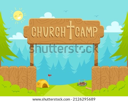 Illustration of Church Camp Entrance Sign with Trees, Tent and Flag