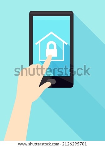 Illustration of a Hand Touching Mobile Phone with House Security Icon on Screen
