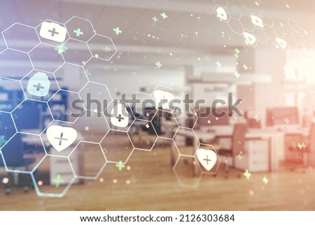 Abstract virtual medical illustration on a modern furnished office background. Medicine and healthcare concept. Multiexposure