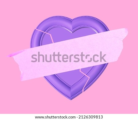 Broken heart sealed with tape at pink background. Divorce, relations renewal, forgiveness concept. High quality photo