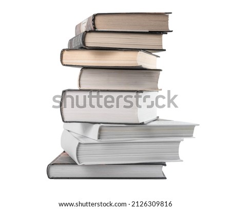 Hardback books stack isolated on white background. Education, learning information, preparing for exams concept. High quality photo