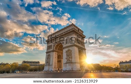 Paris France sunset city skyline at Arc de Triomphe and Champs Elysees Royalty-Free Stock Photo #2126313929