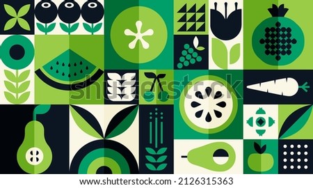 Organic fruit vegetable geometric pattern. Natural food background creative simple bauhaus style, agriculture vector design Royalty-Free Stock Photo #2126315363