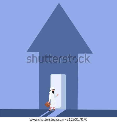 Business flat drawing Arab businessman enter up arrow shape house. Male manager entering in arrow pointing up. Start up. Business success to next level. Career development. Cartoon vector illustration