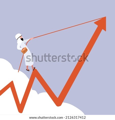 Business concept flat Arab businessman holding briefcase, pulling arrow graph chart up with rope. Career rise to success. Depicts gain, profit, boost. Ambition winning goal. Design vector illustration