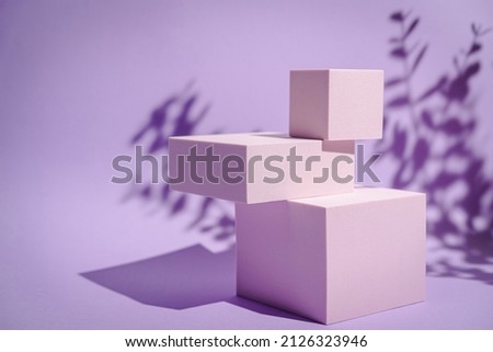 Abstract minimalistic scene with geometric forms. podium on purple background with shadows. product presentation, mock up, show cosmetic product display, Podium, stage pedestal or platform.