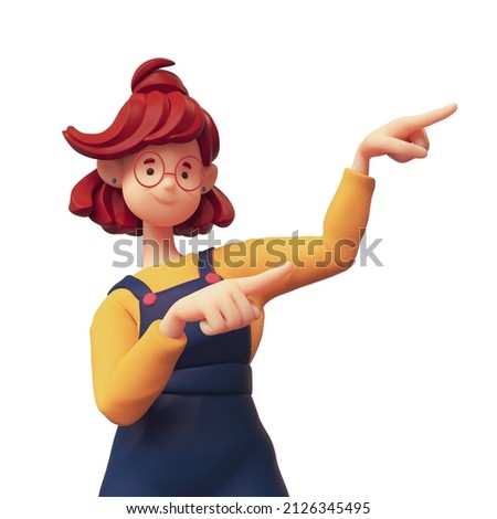 Portrait of excited smiling positive funny casual redhead girl in glasses wearing blue overalls, yellow t-shirt pointing her finger showing you way. Minimal style. 3d render isolated on white backdrop
