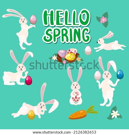 Set of Cute Bunny Easter hunting eggs. Cartoon funny Easter Rabbit, nest, illustration