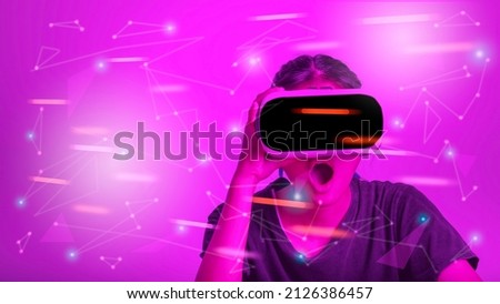 Metaverse, VR glasses, GameFi, defi, Blockchain Technology Concept. Person with virtual reality VR Enjoying an Experiences digital technology game control sport 3D cyber space futuristic.