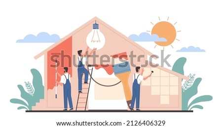 Home renovation workers. Repairman team building house. Painting, electric, finishing works, builders doing apartment repair, professional decorating service vector cartoon flat concept Royalty-Free Stock Photo #2126406329
