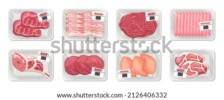 Meat plastic trays. Cartoon raw animal products, vacuum wrap packaging containers with semi finished. Fresh farm food, grocery market, sausages and steak, beef, chicken and pork vector set Royalty-Free Stock Photo #2126406332