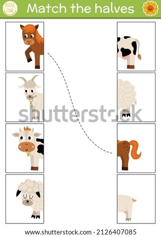 Farm connect the halves worksheet.  On the farm matching game for preschool children with domestic animals. Match heads and tails activity with cow, horse, sheep, goat.
 Royalty-Free Stock Photo #2126407085