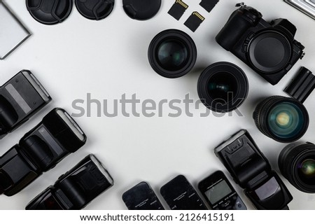 Photographic equipment. Top view of a variety of equipment for the photographer