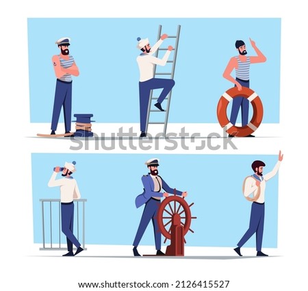 Sailors. Flat marine characters young captains and sailors in work professional costumes garish vector characters in cartoon style Royalty-Free Stock Photo #2126415527