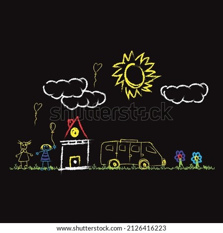 Waxed crayons like hand drawn children's houses, grass, colorful flowers and sun. Chalk pastels are like cute children's hand-painted spring and summer meadows. Vector pastel chalk banner background.