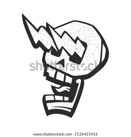 Silhouette of crazy skull with glowing eyes in form of lightning. Skull rocker screaming, horrified, scared