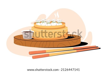 Asian food - dim sum in Steamer, chopsticks and sauce. Chinese wontons, traditional kitchen. Vector trendy illustration