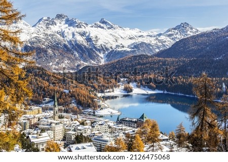 View of St. Moritz, the famouse resort region for winter sprot, from the high hill Royalty-Free Stock Photo #2126475068