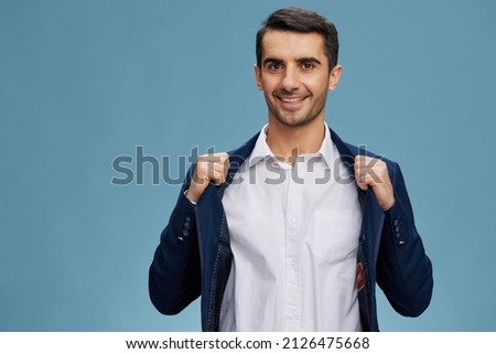 boss holding on to the jacket business process Quiet confidence blue background