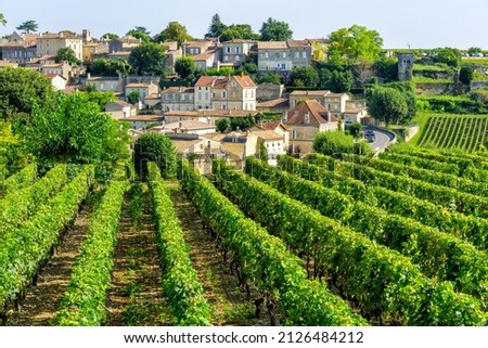 View on vineyards of Saint Emilion village in Bordeaux region, France Royalty-Free Stock Photo #2126484212